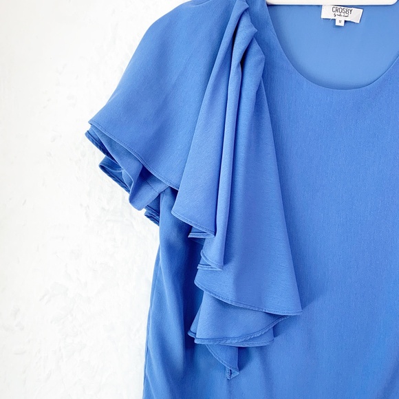 Crosby by Mollie Burch Jeni Ruffle Accent Sleeve Shift Dress Blue Sz M - Picture 5 of 10